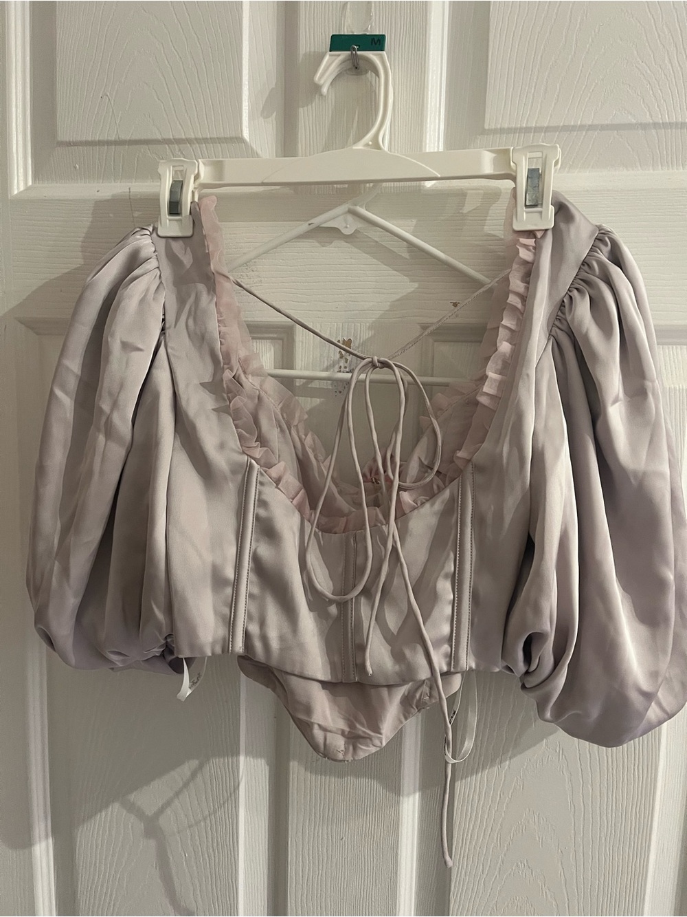SAMPLE For Love and Lemons Corset Top Lilac Gray Satin Short Puff Sleeve size S - Picture 7 of 12